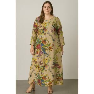 Womens Floral Round Neck Linen Long Sleeves 2 pockets Maxi Dress Size 2XL-4XL